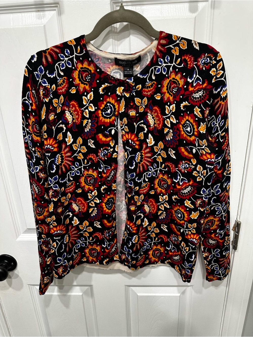 august silk Black Cardigan with Red, Gold & Blue Floral Print